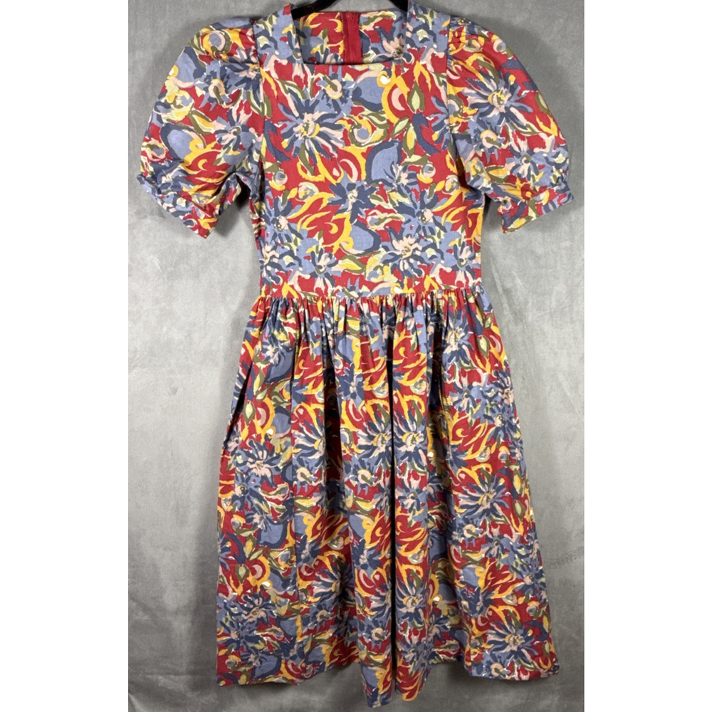 Vintage Red Yellow Blue Floral‎ Cottage Core Puff Sleeve Laura Ashley Dress 8